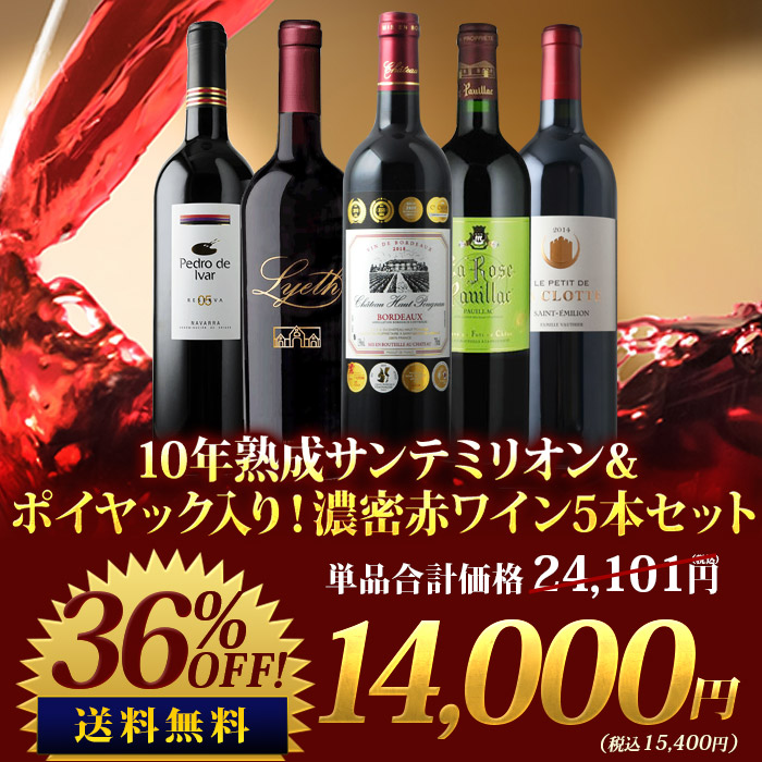 SALE「1」10年熟成サンテミリオン&ポイヤック入り！濃密赤ワイン5本セット 送料無料 赤ワインセット