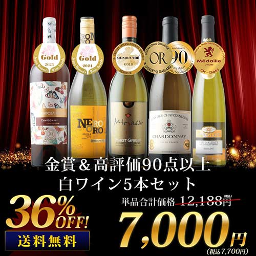 金賞＆高評価90点以上の白ワイン5本セット 送料無料 白ワインセット「4/19更新」