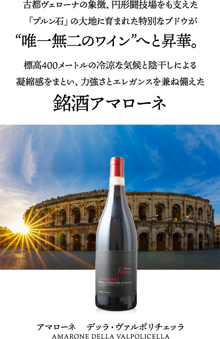 古都ヴェローナの象徴、円形闘技場をも支えた「プルン石」の大地に育まれた特別なブドウが“唯一無二のワイン”へと昇華。標高400メートルの冷涼な気候と陰干しによる凝縮感をまとい、力強さとエレガンスを兼ね備えた銘酒アマローネ