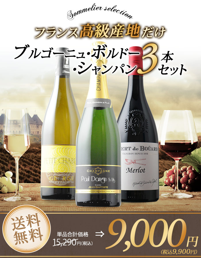 送料無料 ソムリエ厳選 ボルドー・ブルゴーニュ・シャンパーニュ!フランス三大産地のワイン3本セット