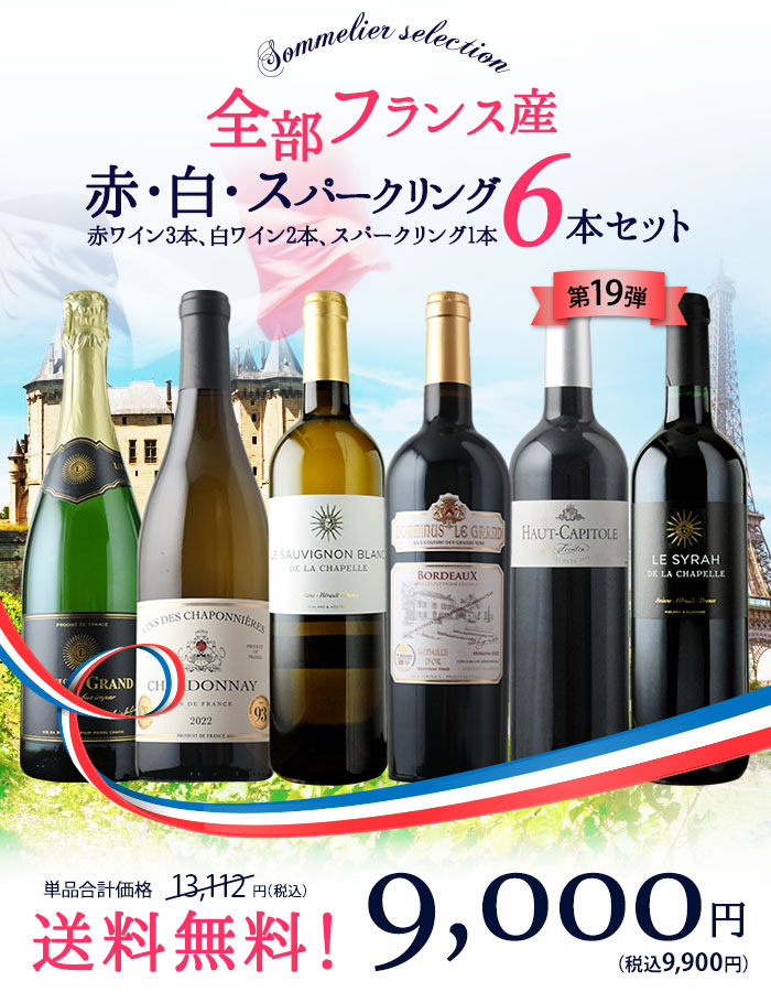 送料無料 ソムリエ厳選 全部フランス産 赤・白・スパークリング6本セット