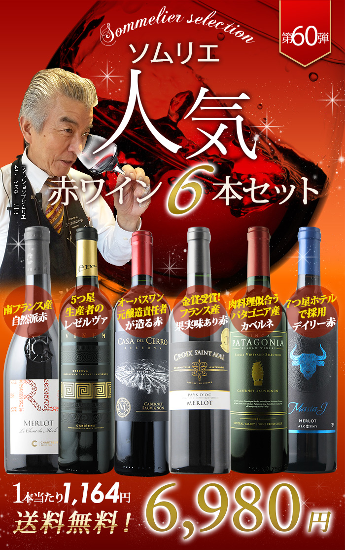 ソムリエ人気赤ワイン6本セット 第60弾 送料無料 赤ワインセット「7/14