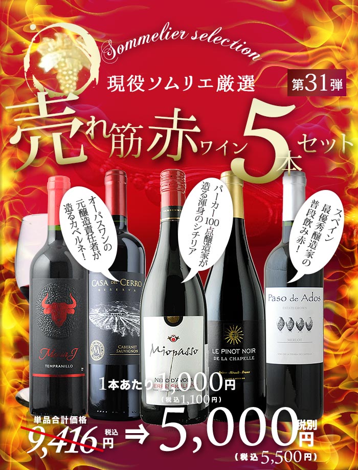 オーパス醸造家が造る本格樽熟成、パーカー89点獲得当たり年、金賞入り、飲みごろ熟成など売れ筋赤ワイン5本セット