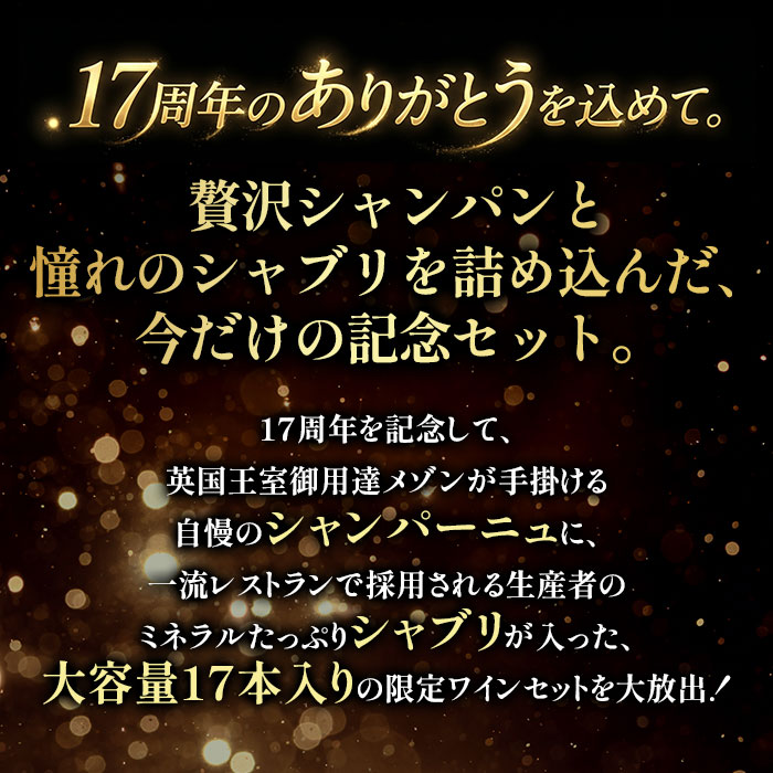 シャンパン&シャブリが入る!創業17周年の17本セット(赤7・白6・シャンパン1・泡2・ロゼ1) 送料無料