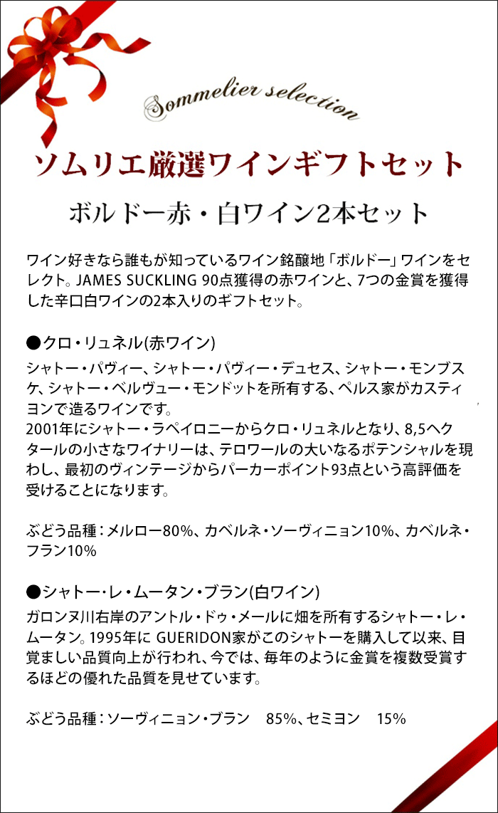 送料無料 ソムリエ厳選ギフト ボルドー赤・白ワイン2本セット ギフトボックス入り ワインセット 750ml | ワイン通販ならワインショップソムリエ