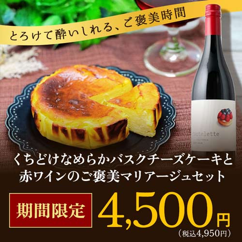 クール便限定！楽天デイリーランキングで1位獲得！くちどけなめらかバスクチーズケーキとカリフォルニア赤ワインのご褒美マリアージュセット