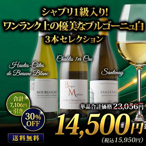 シャブリ1級入り！ワンランク上の優美なブルゴーニュ白3本セレクション 送料無料 白ワインセット