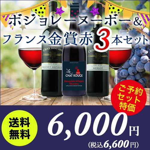 ボジョレー・ヌーボー＆フランス金賞赤3本セット 送料無料 赤ワインセット