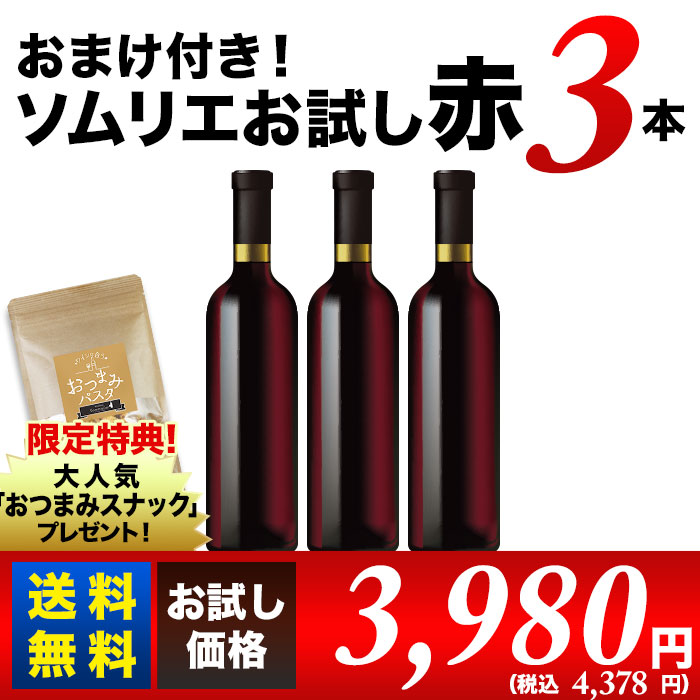 おまけ付き！ソムリエお試し赤ワインセット（赤3本）送料無料 赤ワインセット「4/10更新」