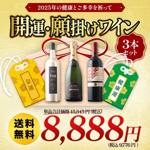 ワインに願いを！願掛けワイン3本セット　～金運＆健康運～ 送料無料（赤ワイン2本、スパークリングワイン1本）