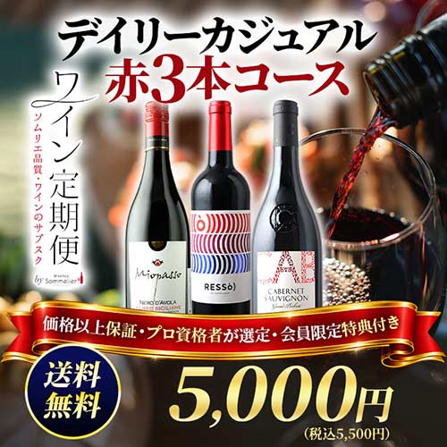 デイリーカジュアル　赤3本コース（1ヶ月毎お届け）送料無料 赤ワインセット