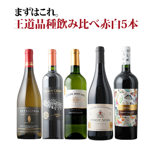 まずはこれ。王道品種飲み比べ赤白5本セット（赤ワイン3本・白ワイン2本）