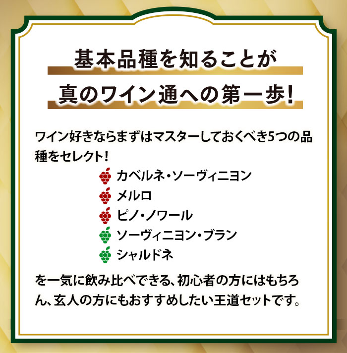まずはこれ。王道品種飲み比べ赤白5本セット（赤ワイン3本・白ワイン2本）