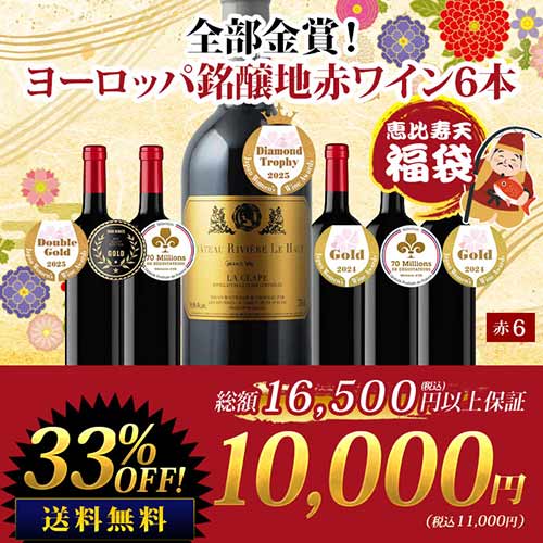 SALE「福袋」恵比寿天 全部金賞！ヨーロッパ銘醸地赤ワイン6本セット 送料無料 赤ワインセット