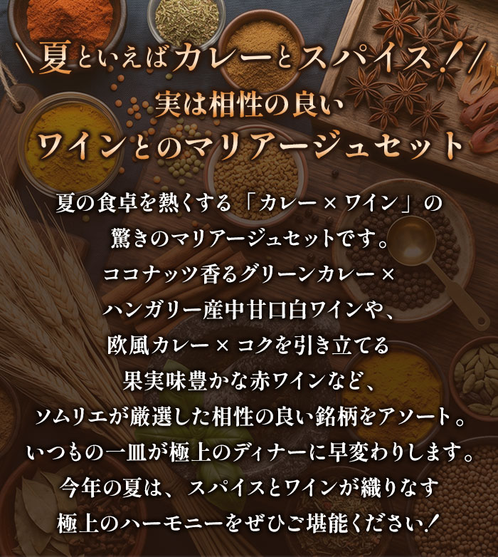 カレーに合う！夏ごはん×ワインのマリアージュ4本セット（赤ワイン2・白ワイン2）