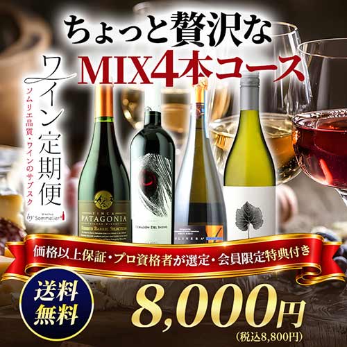 ちょっと贅沢な　MIX4本コース（1ヶ月毎お届け）送料無料 ワインセット