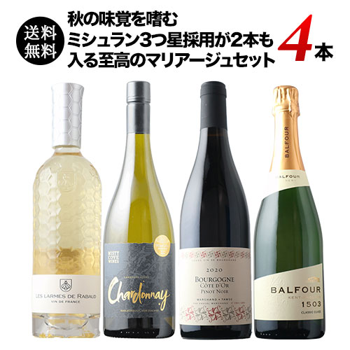 ★対象商品まとめ買いで5~10%OFF実施中★秋の味覚を嗜む ミシュラン3つ星採用が2本も入る・至高のマリアージュ4本セット(赤ワイン1本、白ワイン2本、スパークリンクワイン1本)送料無料