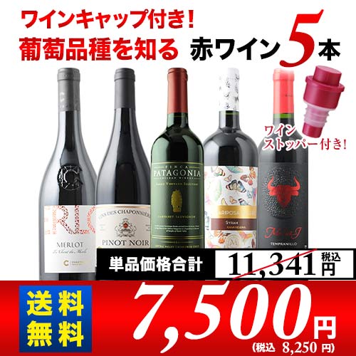 ワインキャップ付き！ブドウ品種を知る赤ワイン5本セット 送料無料 赤ワインセット 「6/18更新」
