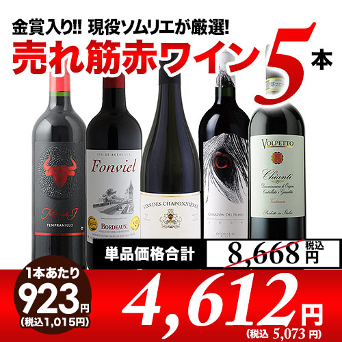 「12/28セット内容変更」 金賞入り 現役ソムリエの売れ筋赤ワイン5本セット 第22弾 赤ワインセット