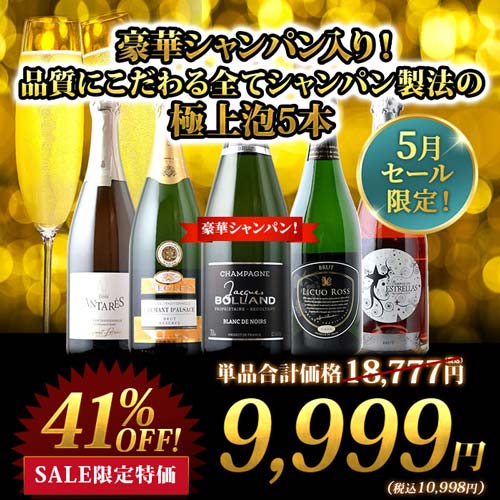 豪華シャンパン入り！品質にこだわる全てシャンパン製法の極上泡5本 シャンパン＆スパークリングワインセット