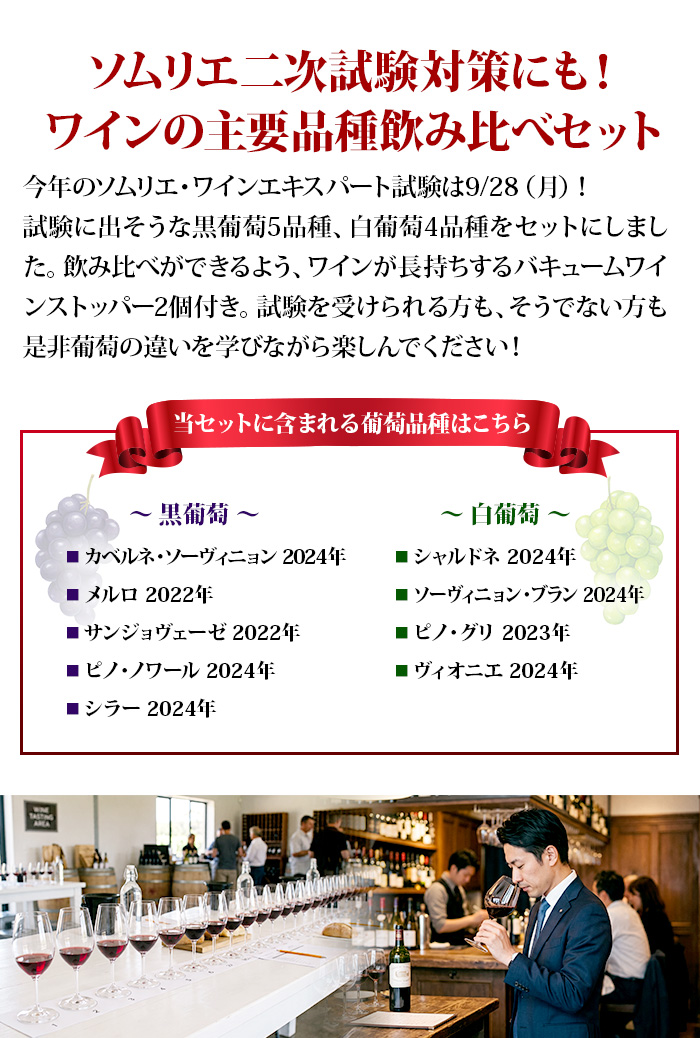 ソムリエ2次試験対策 主要品種飲み比べMIX9本セット ワインエキスパート テイスティング 送料無料 ミックスセット(赤ワイン5本・白ワイン4本)