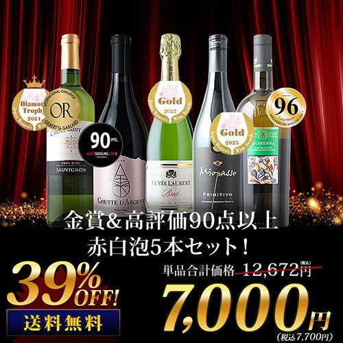 金賞＆高評価90点以上の赤白泡5本セット（赤ワイン2本・白ワイン2本・スパークリングワイン1本）送料無料 ワインセット「11/20更新」