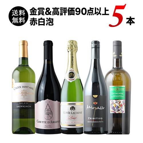 金賞＆高評価90点以上の赤白泡5本セット（赤ワイン2本・白ワイン2本・スパークリングワイン1本）送料無料 ワインセット「11/20更新」