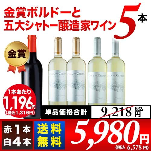 金賞ボルドーと五大シャトー醸造家ワイン5本セット（赤1本＆白4本）送料無料 ワインセット