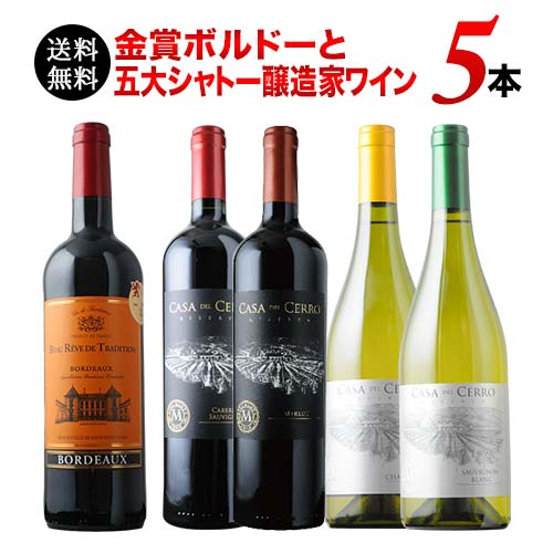 ワインセット 送料無料 金賞ボルドーと五大シャトー醸造家ワイン5本セット（赤ワイン3・白ワイン2）「1/21更新」【ワイン ギフト ソムリエ厳選】