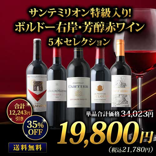 サンテミリオン特級入り！ボルドー右岸・芳醇赤ワイン5本セレクション 送料無料 赤ワインセット