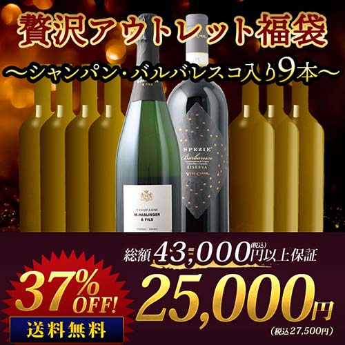 SALE「福袋」贅沢アウトレット福袋～シャンパン・バルバレスコ入り9本～ 送料無料 （シャンパン1本・赤ワイン4本・白ワイン4本）
