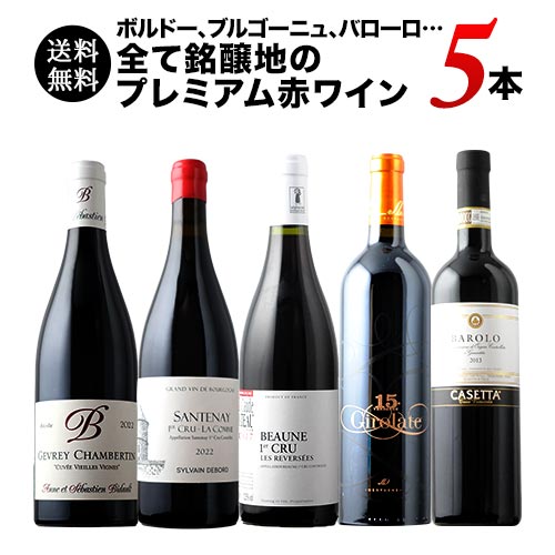 ボルドー、ブルゴーニュ、バローロ…全て銘醸地のプレミアム赤ワイン5本セット  送料無料 赤ワインセット