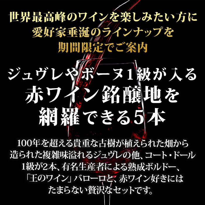 ボルドー、ブルゴーニュ、バローロ…全て銘醸地のプレミアム赤ワイン5本