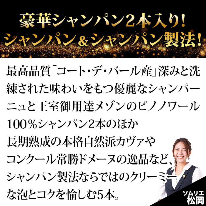 シャンパン2本入り!全てシャンパン製法スパークリング5本セット(シャンパン2本・スパークリングワイン3本) シャンパン・スパークリングワインセット 送料無料 「6/18更新」