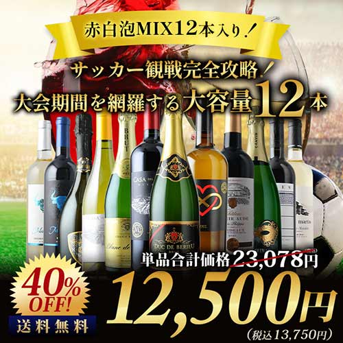 サッカー観戦完全攻略！大会期間を網羅する大容量12本セット 赤4本＆白4本＆泡4本 送料無料 ワインセット