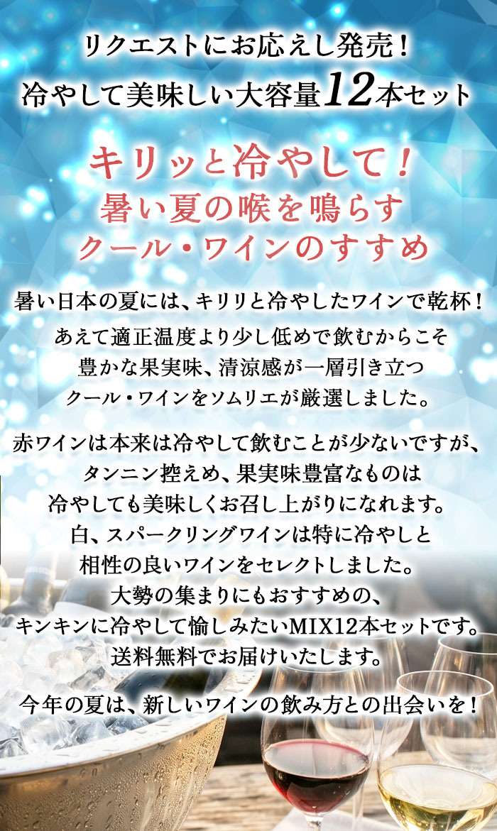 冷やして美味しい大容量12本セット 赤4本&白4本&泡4本 送料無料 ワインセット