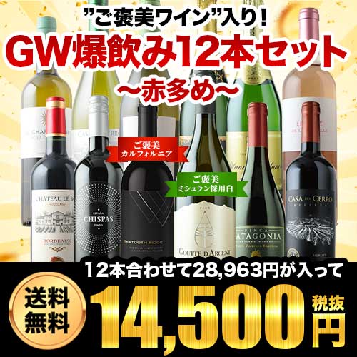 【たのメル便での発送】ワイン 2本セット ご褒美ワイン”入り！GW爆飲み12本セット～赤多め～（赤ワイン5・白