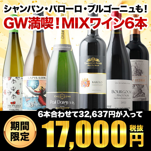 GWを贅沢に過ごす至極のMIXワイン6本セット（赤ワイン3・白ワイン2・シャンパン1） 送料無料