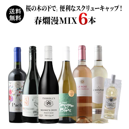 桜の木の下で。便利なスクリューキャップ！春爛漫MIX6本セット【グッズ付】赤3本＆白2本＆ロゼ1本 送料無料 ワインセット