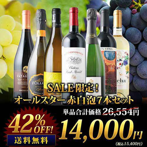 オールスター赤白泡7本セット（赤ワイン3本、白ワイン2本、スパークリングワイン1本、シャンパン1本） 送料無料 ワインセット