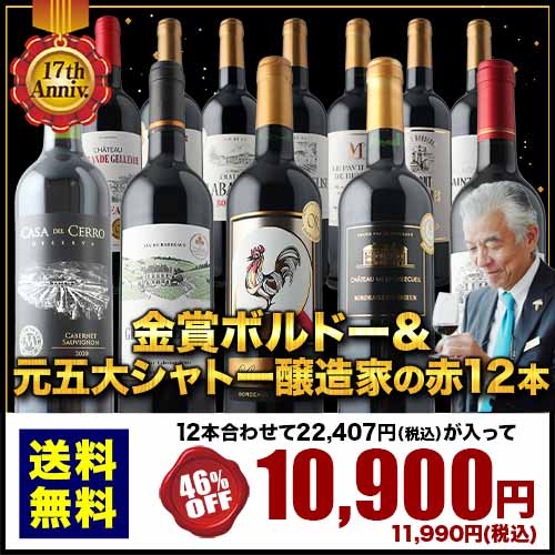 ★対象商品まとめ買いで5~10%OFF実施中★17周年記念!金賞ボルドーと元五大シャトー醸造家の赤ワイン12本セット「9/28更新」 送料無料