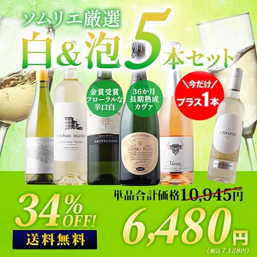 今だけプラス1本!36か月長期熟成カヴァ&金賞白入り!ソムリエ厳選白&泡5本セット 送料無料「6/3更新」