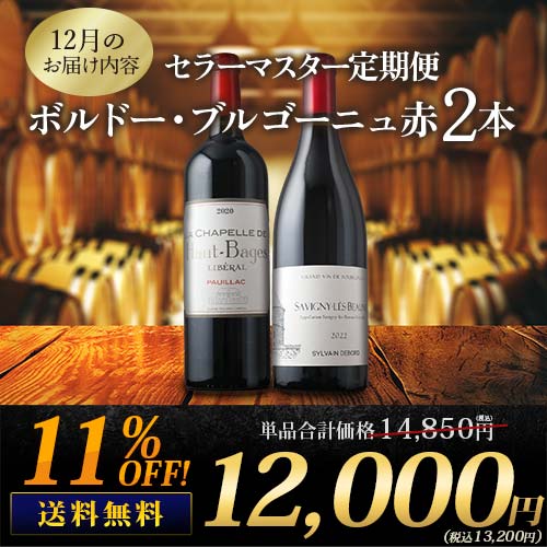 セラーマスター定期便 ボルドー・ブルゴーニュ赤2本（1ヶ月毎お届け） 送料無料 赤ワインセット