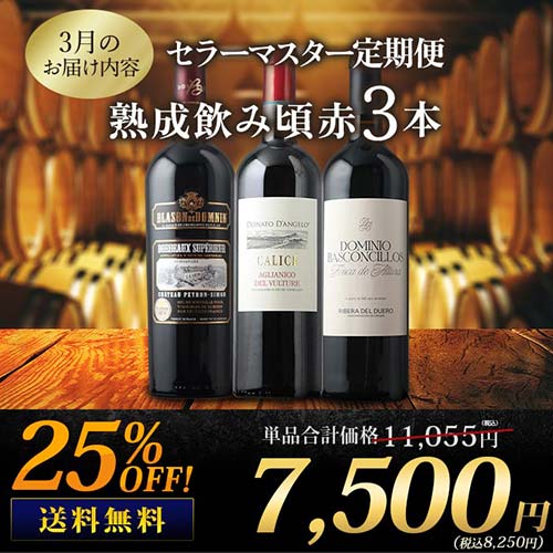 セラーマスター定期便 熟成飲み頃赤3本（1ヶ月毎お届け） 送料無料 赤ワインセット