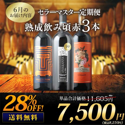 セラーマスター定期便 熟成飲み頃赤3本（1ヶ月毎お届け） 送料無料 赤ワインセット