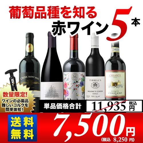 葡萄品種を知る赤ワイン5本セット 送料無料 赤ワインセット 「4/23更新」