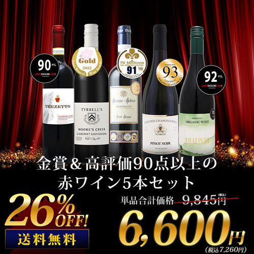 「8/22セット内容変更」金賞＆高評価90点以上の赤ワイン5本セット 送料無料 赤ワインセット