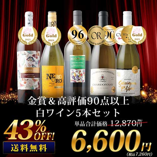金賞＆高評価90点以上の白ワイン5本セット 送料無料 白ワインセット「4/3更新」