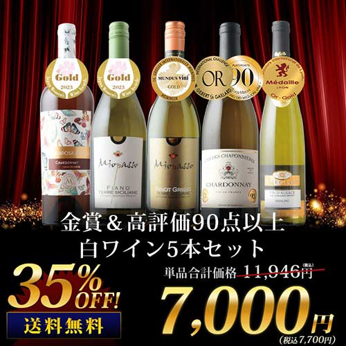 金賞＆高評価90点以上の白ワイン5本セット 送料無料 白ワインセット「5/16更新」