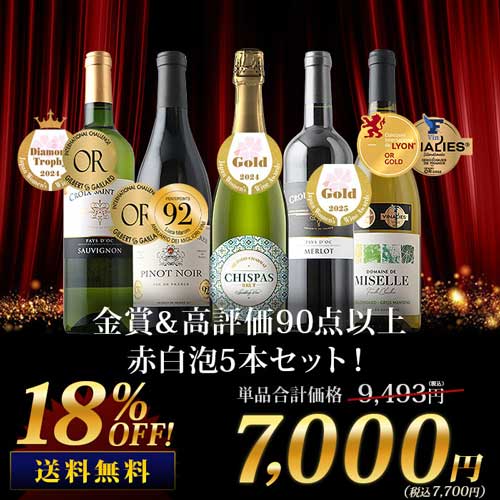 金賞＆高評価90点以上の赤白泡5本セット（赤ワイン2本・白ワイン2本・スパークリングワイン1本）送料無料 ワインセット「8/12更新」